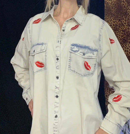 Rich Denim Rhinestone Lips Patches Limited Edition Shirt