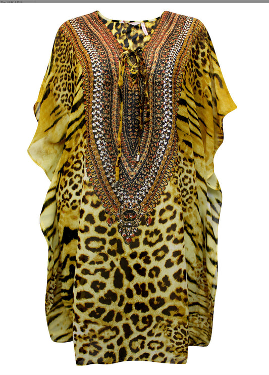 YELLOW Animal Print Rhinestone Embellished Lace Up Kaftan