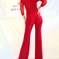 Poly Bardot red jumpsuit with long chiffon sleeves and Swarovski alternative crystal details to one leg