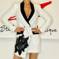 PRESLA LIMITED EDITION WHITE GOLD BUTTON CONTRAST BLAZER DRESS WITH BLACK SEQUIN FLOWER APPLIQUE & SWAROVSKI ALTERNATIVE CRYSTALS