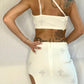 One Shoulder Rhinestone Beaded Crop Top & Fringe Trim Rhinestone Asymmetrical Hem Skirt with Rhinestone Cross Details