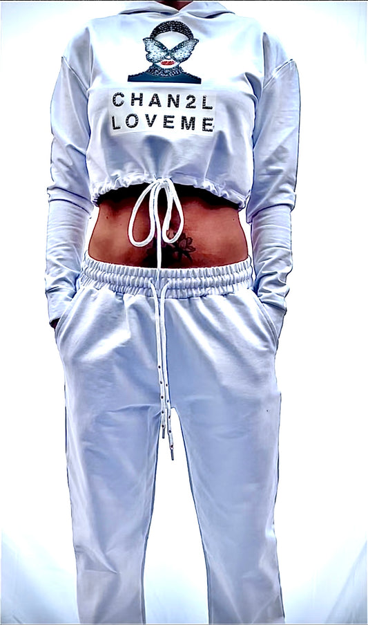 White Cropped Hoodie & Jogger Lounge Set Limited Edition Butterfly Face/Sign With Crystals