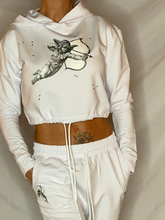 White Cropped Hoodie & Jogger Lounge Set Limited Edition Angel Arrow With Crystals