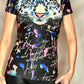 Elu Black Round Collar Tiger Animal Printed Short Sleeve Rhinestone Top